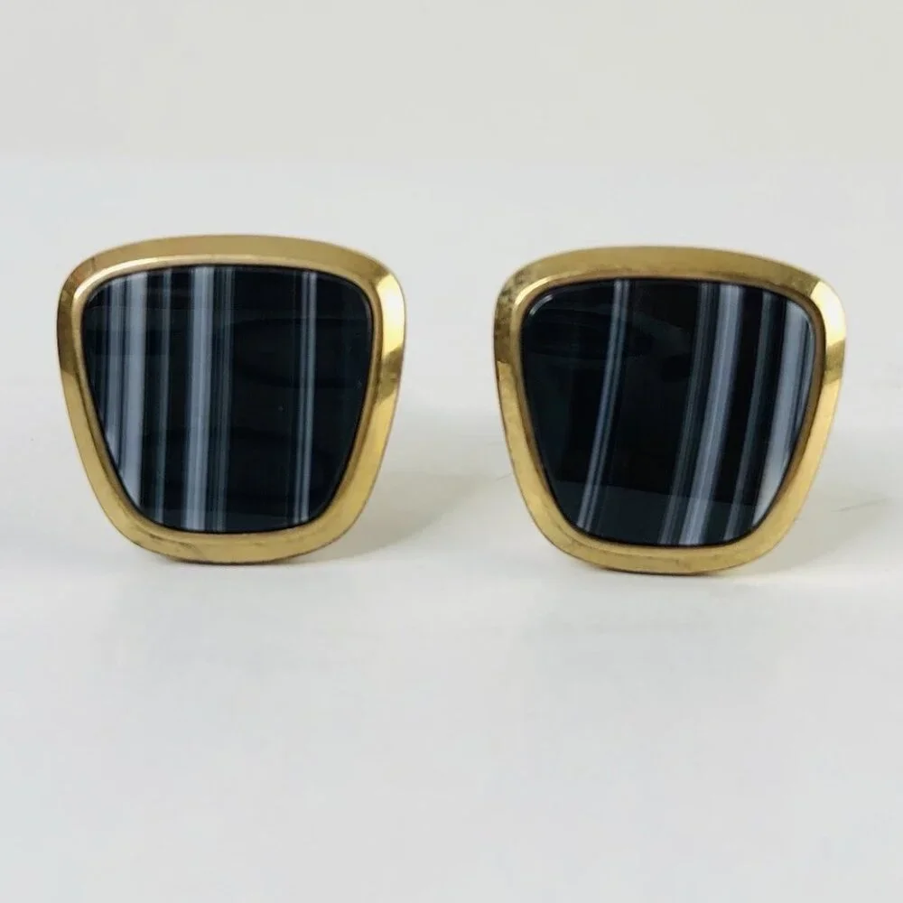 Vtg 80s Mens Fashion Cufflinks 14K G.F. Gold Stripped Black Gray Quiet Luxury